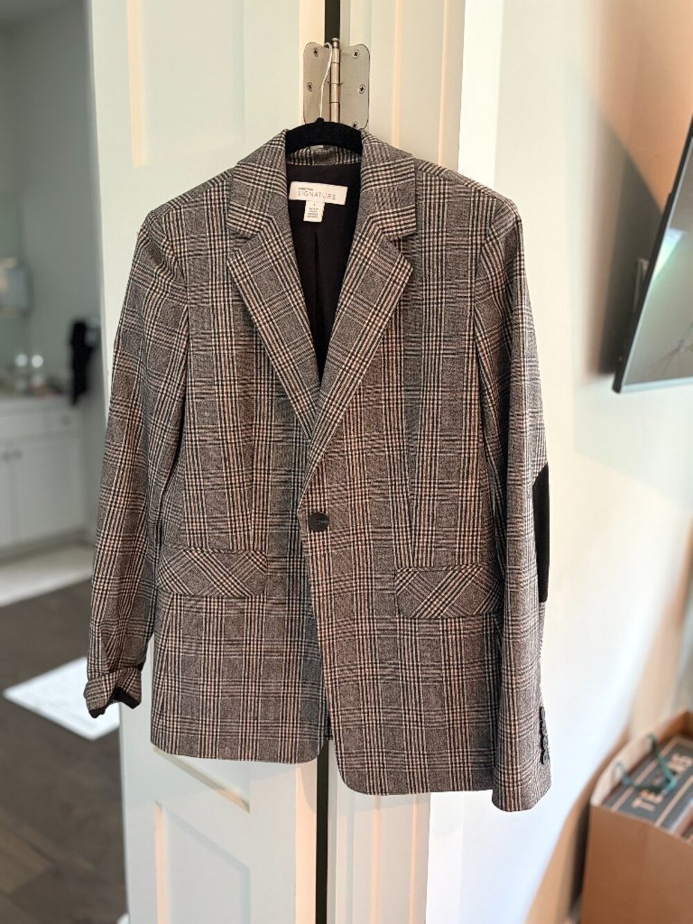 Nordstrom Signature Glen Plaid Blazer Elbow Patches One Button Gray Brown 4